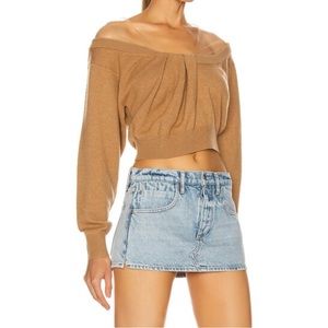 Alexander Wang Off Shoulder Cropped Tulle-Trimmed Wool-Blend Sweater